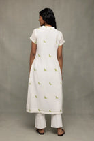 Back View of Ivory Sage Green Bird Motif Jamdani Kurta Set with Dupatta