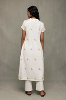 Back View of Ivory Sage Green Bird Motif Jamdani Kurta Set with Dupatta