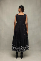 Back View of Midnight Black Handwoven Jamdani Tiered Midi Dress