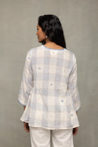 Back View of Off White Blue Check Jamdani Top with Zari Motifs