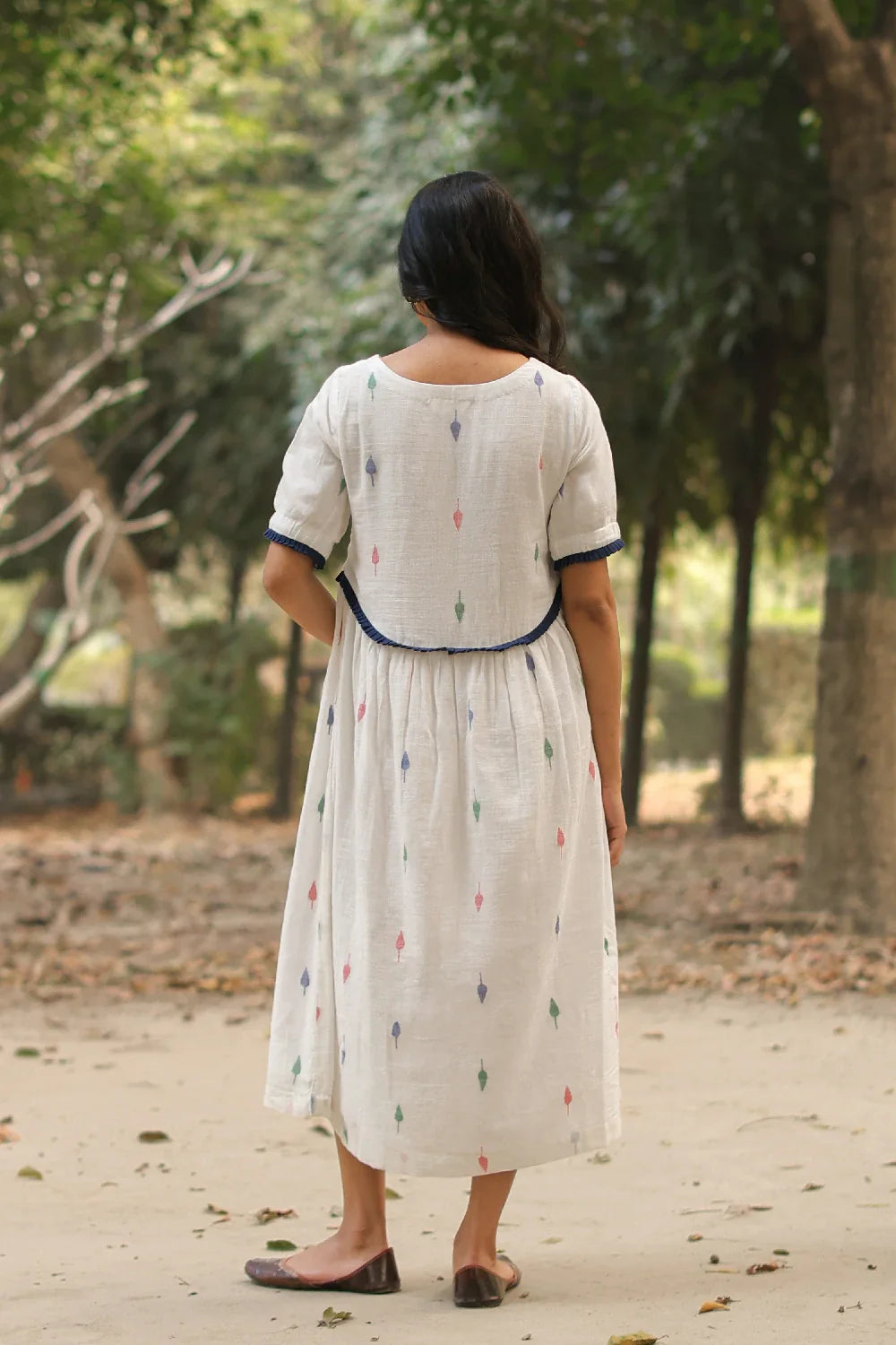 Back View of Pearl White Jamdani Cotton Dress