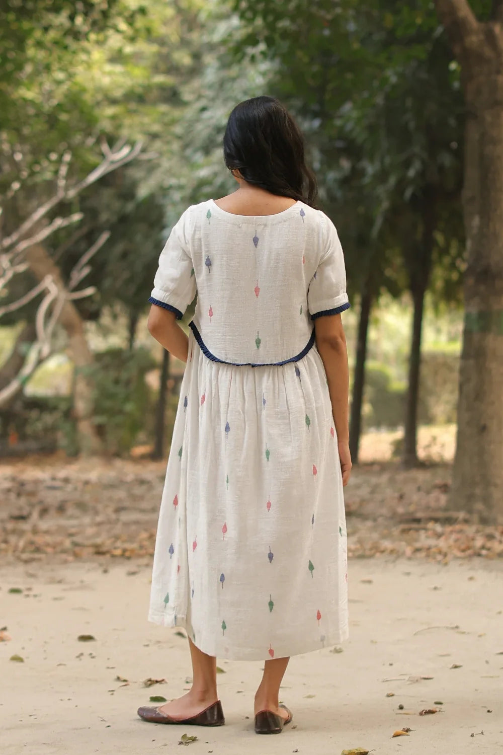 Back View of Pearl White Jamdani Cotton Dress