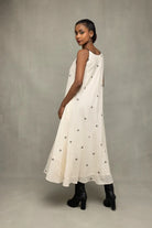 Back View of Pearl White Trapeze Jamdani Handwoven Dress
