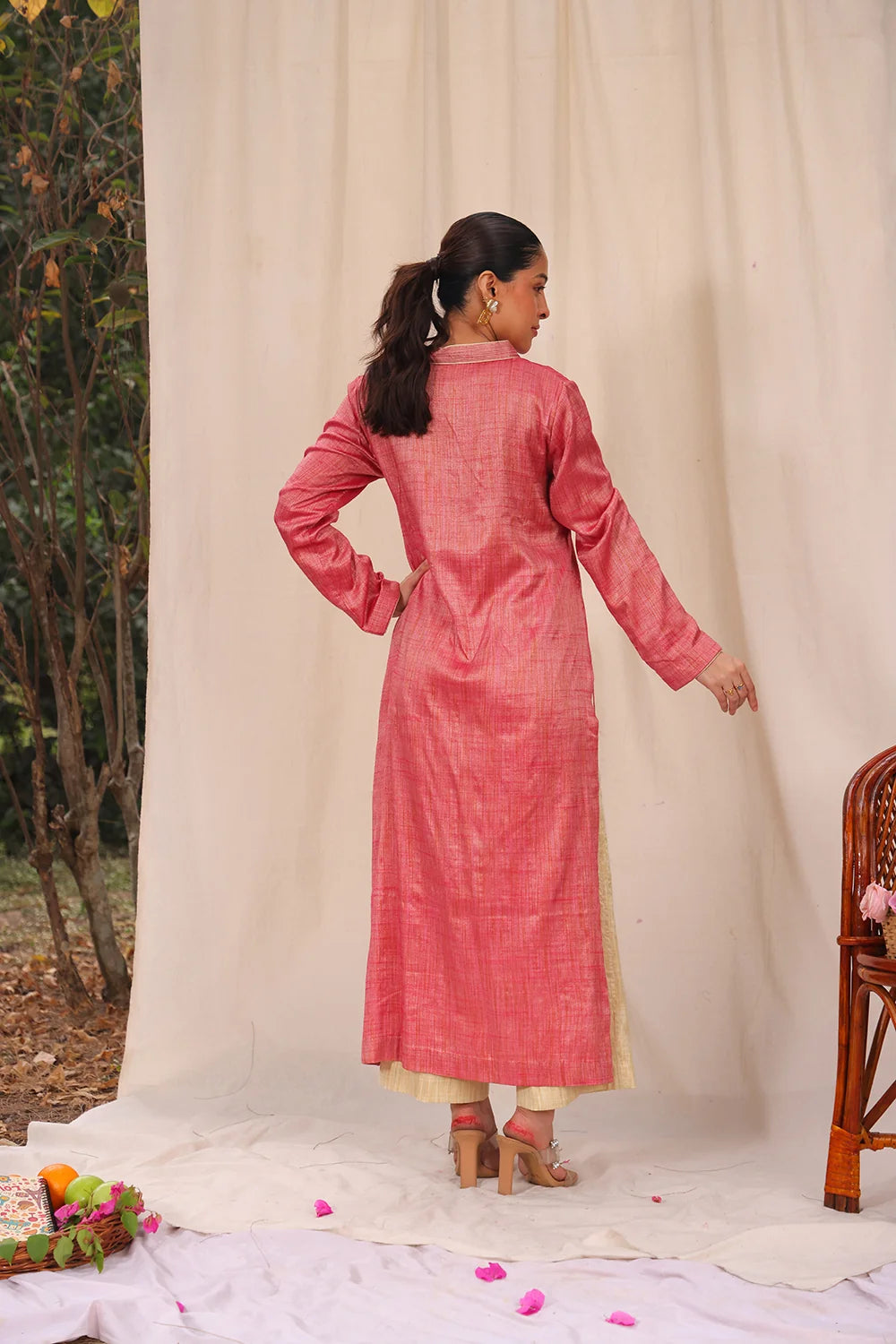 Back View of Pink and Cream Khadi Cotton Co-ord Set