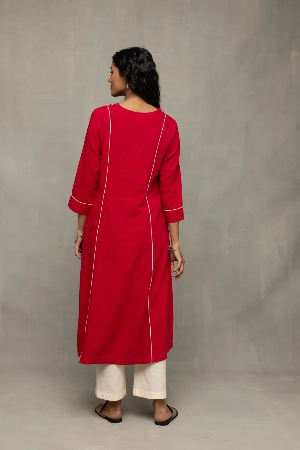 Back View of Red and White Jamdani Pujo Kurta Set with Dupatta