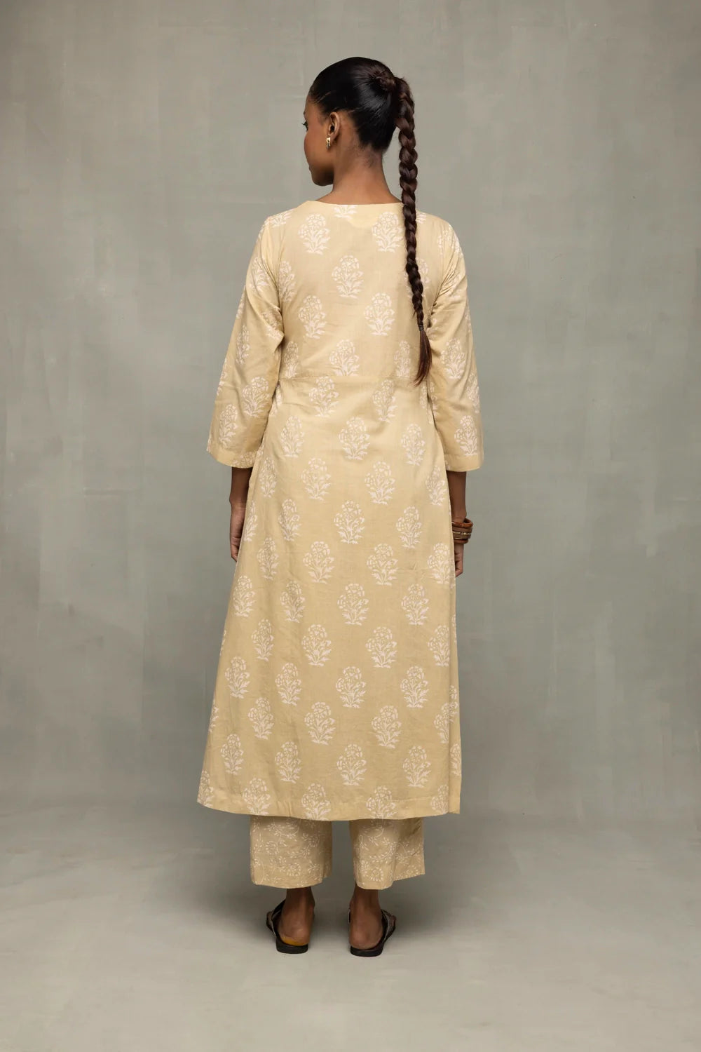 Back View of Sahara Gold Hand Block Printed Angrakha Kurta Set with Dupatta