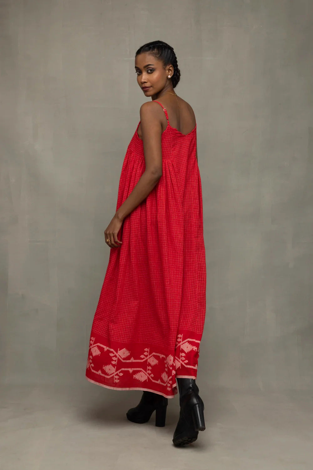 Back View of Scarlet Red Handwoven Pure Cotton Jamdani Dress