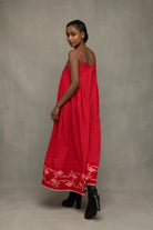 Back View of Scarlet Red Handwoven Pure Cotton Jamdani Dress