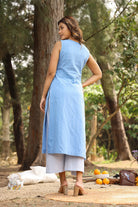 Back View of Sky Blue Pure Cotton White Polka Dots Kurta Set