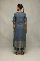Back View of Teal Jamdani Kurta Set with Silver Zari Border and Dupatta