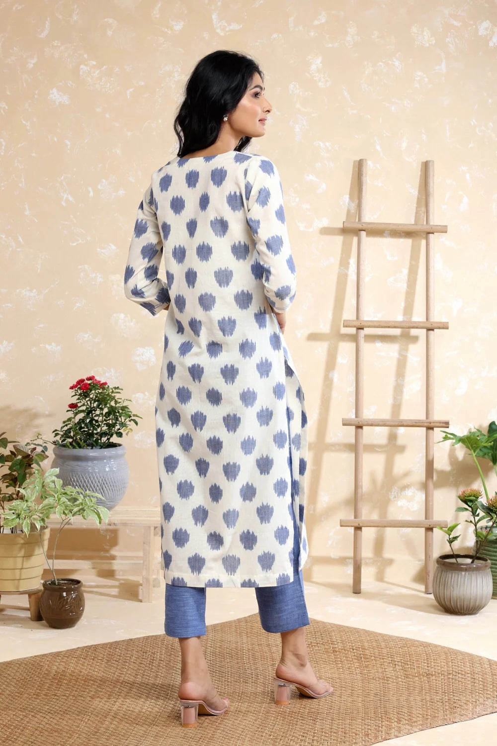 Back View of White and Blue Handwoven Pure Cotton Ikkat Kurta Set