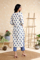 Back View of White and Blue Handwoven Pure Cotton Ikkat Kurta Set