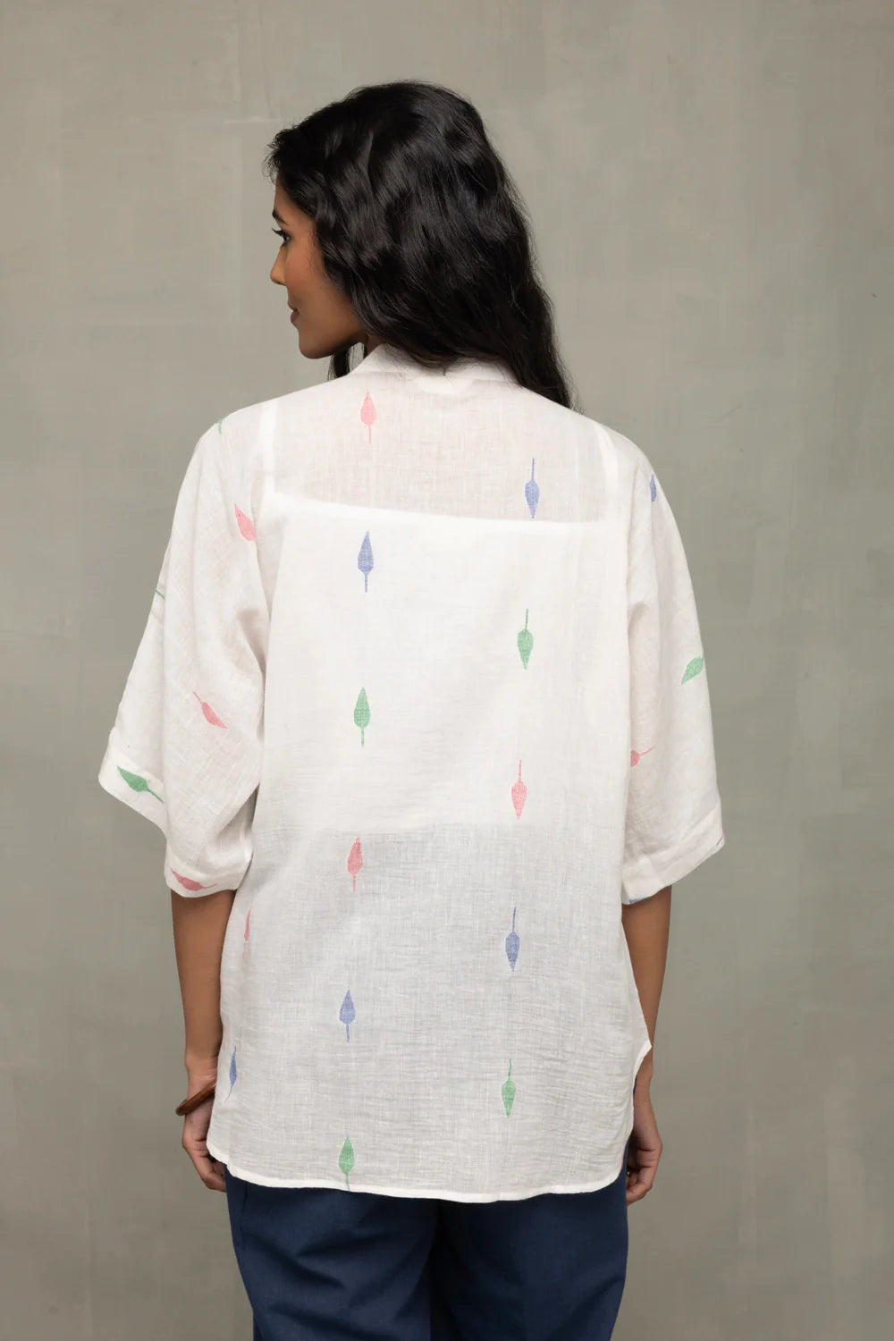 Back View of White Leaf Cotton Jamdani Shirt