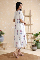 Back View of White Pink Pure Cotton Green Block Print Kurta Set