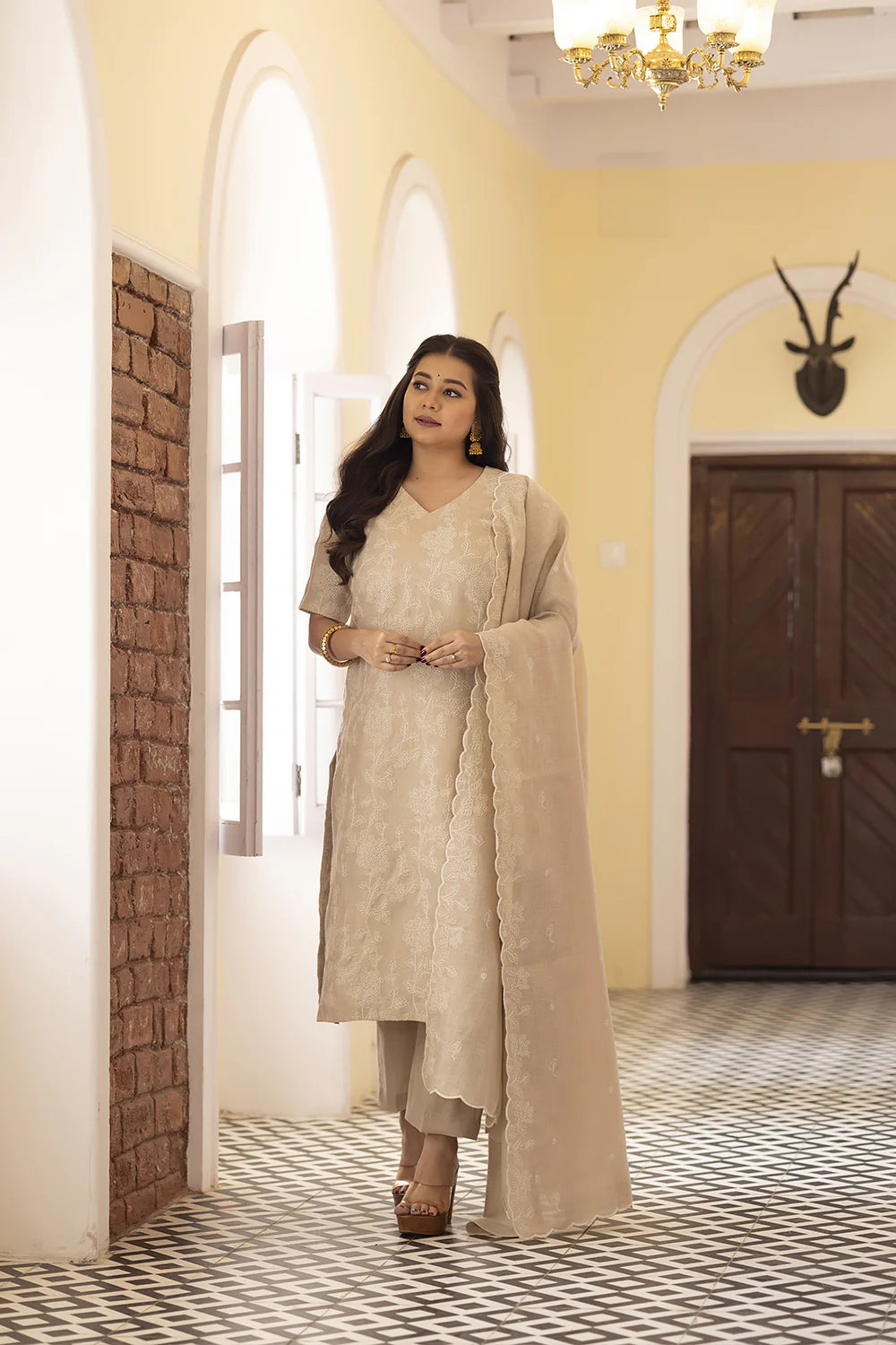 Beige Linen Embroidered Kurta Set with Dupatta