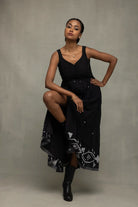 Black Handwoven Jamdani Tiered Midi Dress for Office Wear