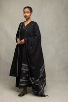 Black Relaxed Kurta Set with White Piping and Jamdani Dupatta