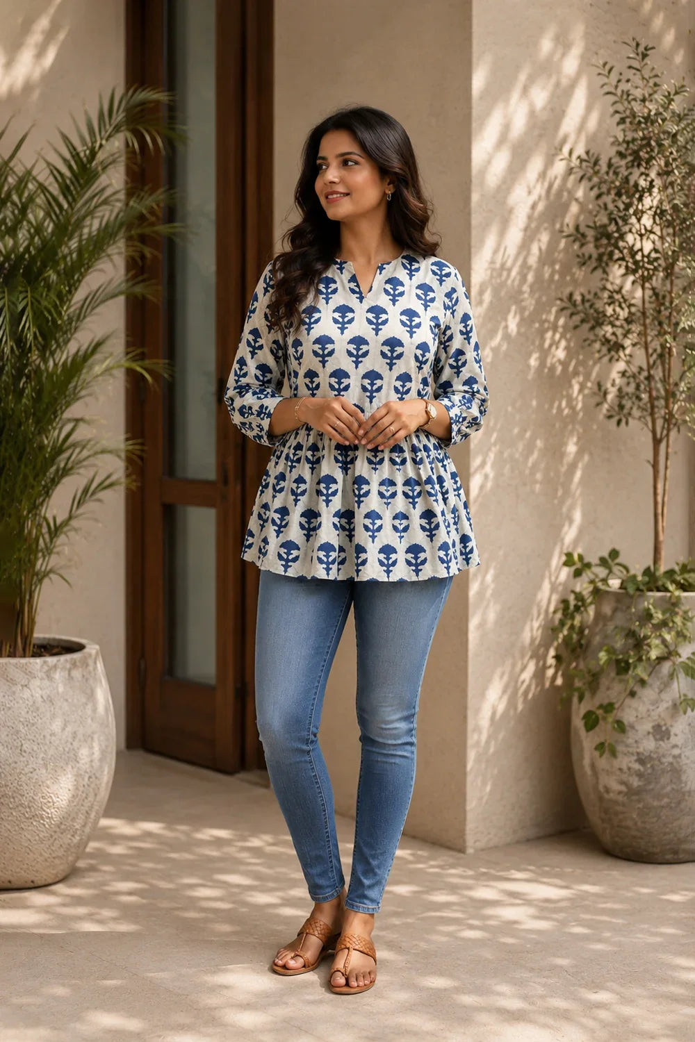 Blue Pure Cotton Flower Block Print Flared Top