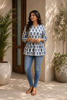 Blue Pure Cotton Flower Block Print Flared Top