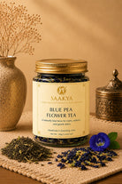 Saakya Himalayan Blue Pea Flower Green Tea handcrafted with premium green tea and butterfly pea flowers.