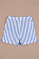 Nice Shorts front view showing blue and white striped organic cotton with turned-up hems