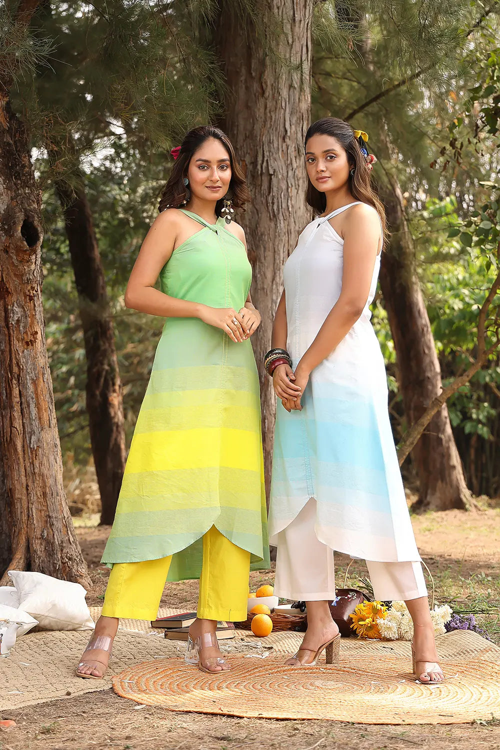 Breezy Lemon Green Striped Pure Cotton Co-ord Set for Beach and Resort Wear