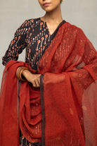 Close Up of Bagru Hand Block Print Pattern on Ebony Crimson Kurta
