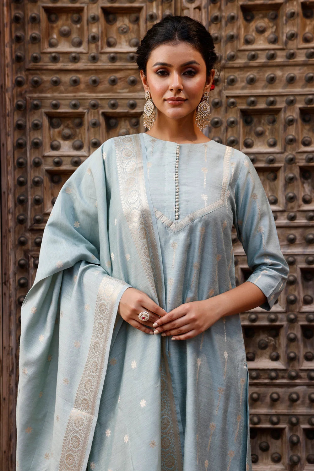 Close Up of Banarasi Silk Weave on Powder Blue Pure Silk Kurta Set