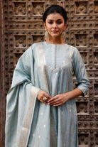 Close Up of Banarasi Silk Weave on Powder Blue Pure Silk Kurta Set