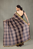 Close Up of Check Weave on Black and Grey Handloom Mulmul Saree