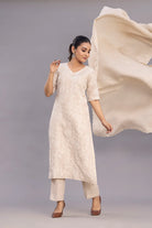 Close Up of Embroidery Detailing on Beige Linen Kurta Set with Dupatta