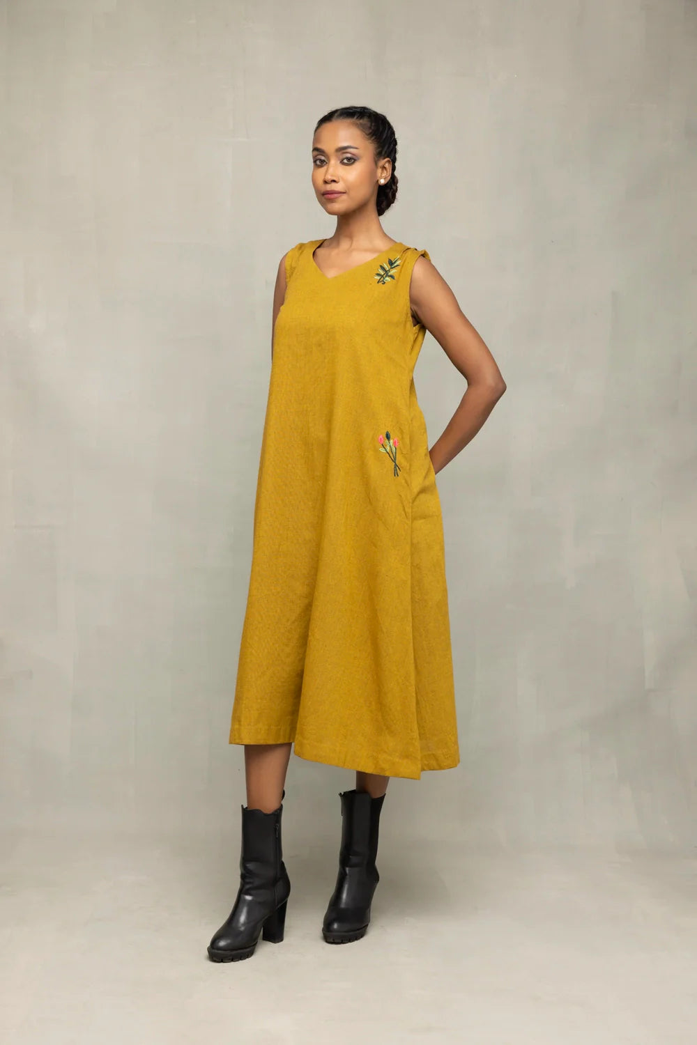 Close Up of Embroidery Detailing on Olive Green Khadi Dress