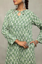 Close Up of Floral Block Print Pattern on Green Pure Cotton Kurta Set