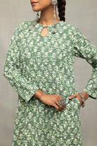Close Up of Floral Block Print Pattern on Green Pure Cotton Kurta Set