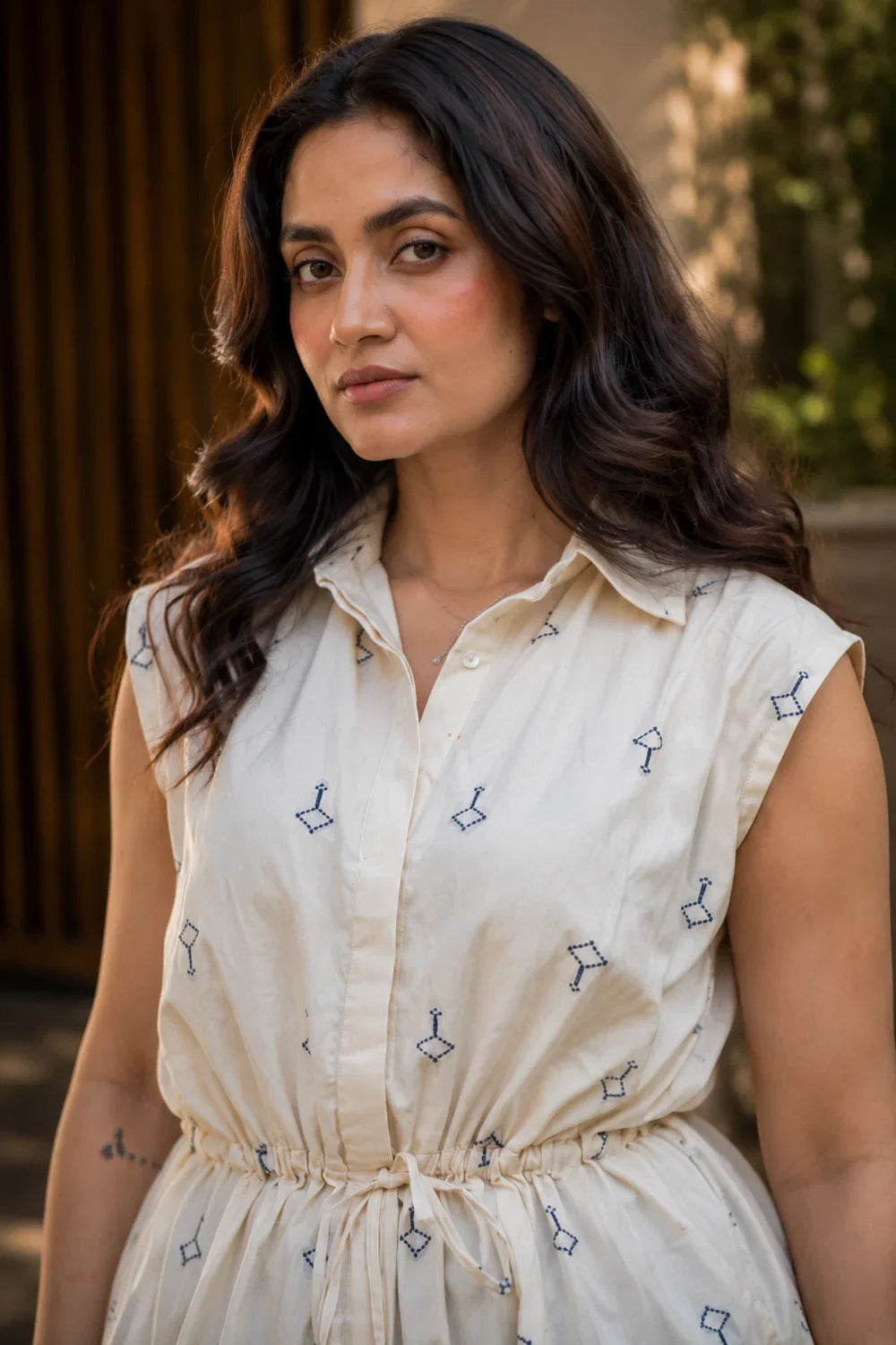 Close Up of Gather Detailing on Off White Pure Cotton Shirt