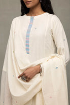 Close Up of Jamdani Weave and Stripes on Ivory Kurta Dupatta Set