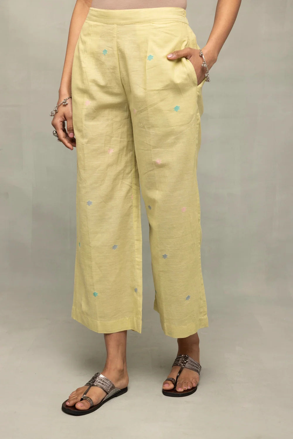 Close Up of Jamdani Weave Motifs on Mint Green A-Line Co-ord Set