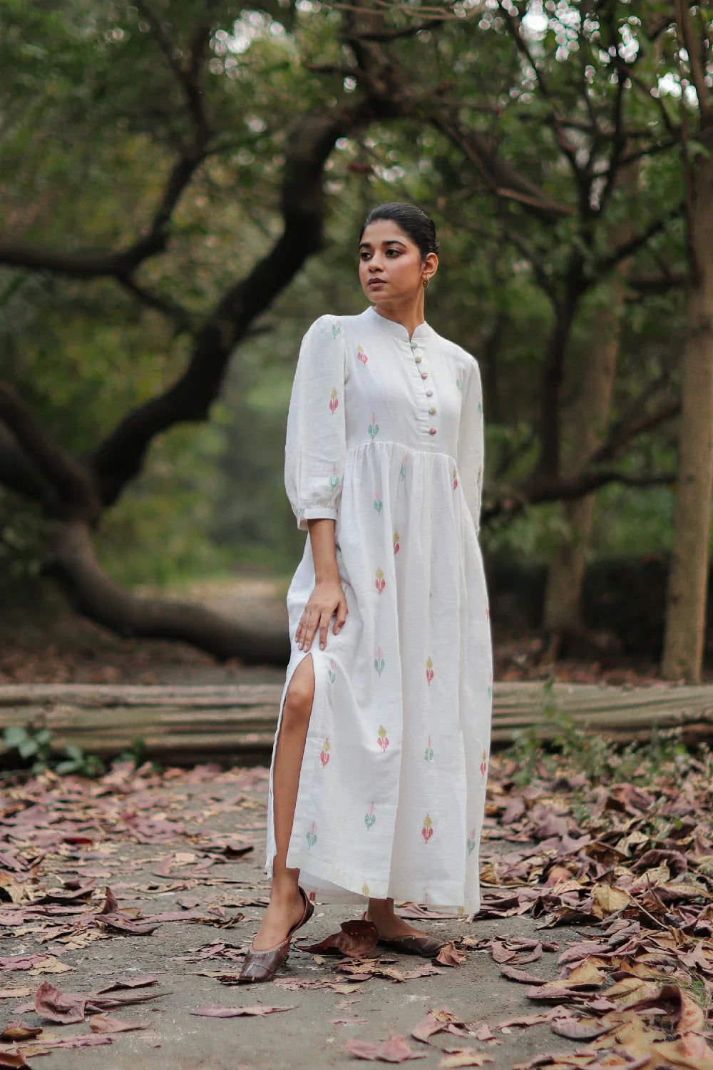 Close Up of Jamdani Weave Motifs on Whimsy White Cotton Dress
