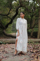 Close Up of Jamdani Weave Motifs on Whimsy White Cotton Dress