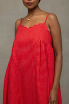 Close Up of Jamdani Weave on Scarlet Red Handwoven Cotton Dress