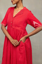 Close Up of Temple Motifs on Red and White Handloom Jamdani Kurta