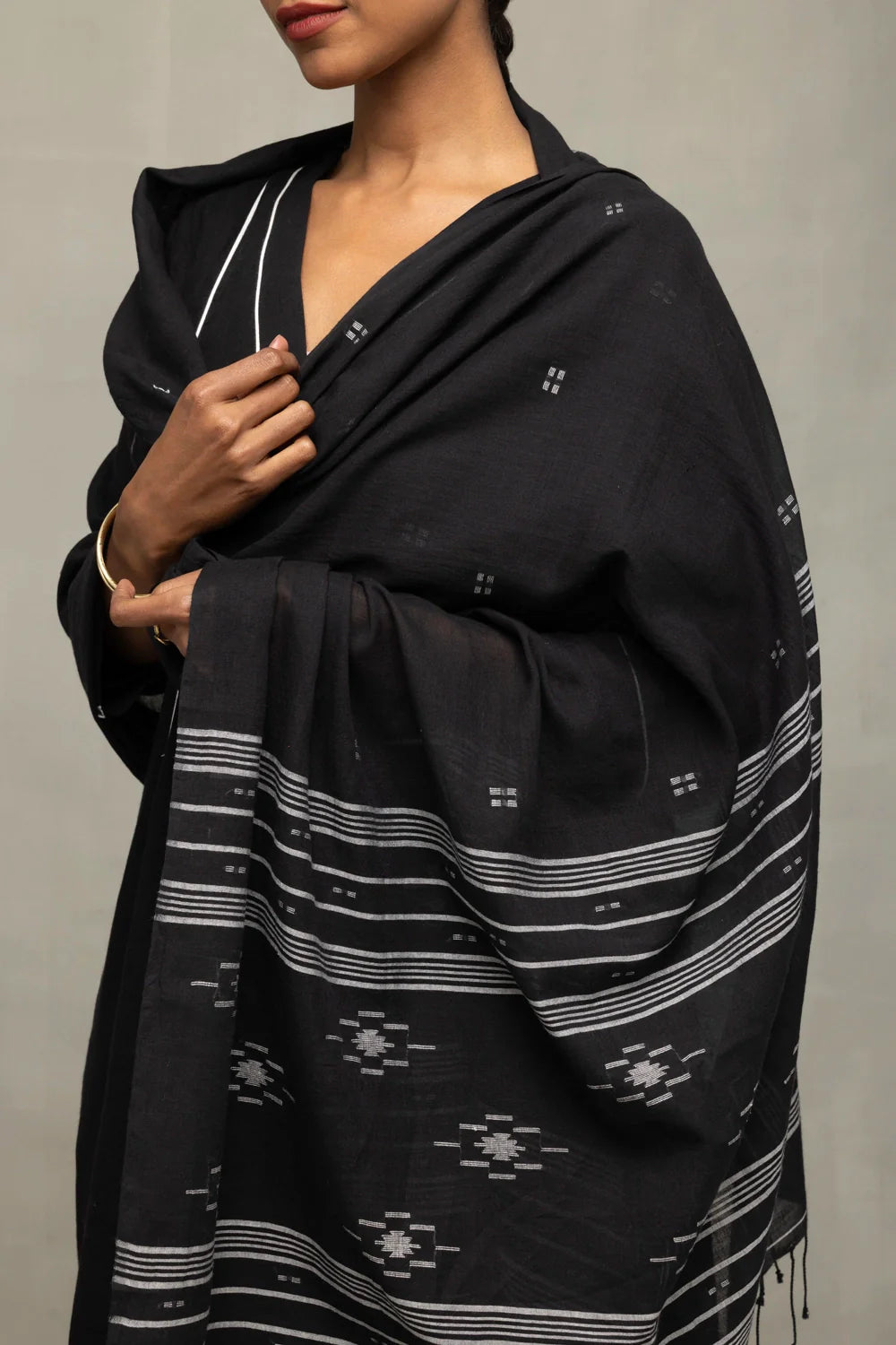 Close Up of White Piping Detailing and Jamdani Weave on Black Kurta Set