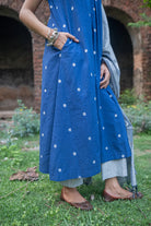 Close Up of Woven Texture on Blue Pure South Cotton Kurta Set