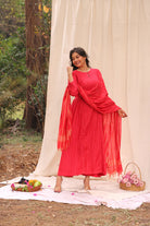 Close Up of Woven Texture on Candy Red Soft Cotton Silk Kurta Set