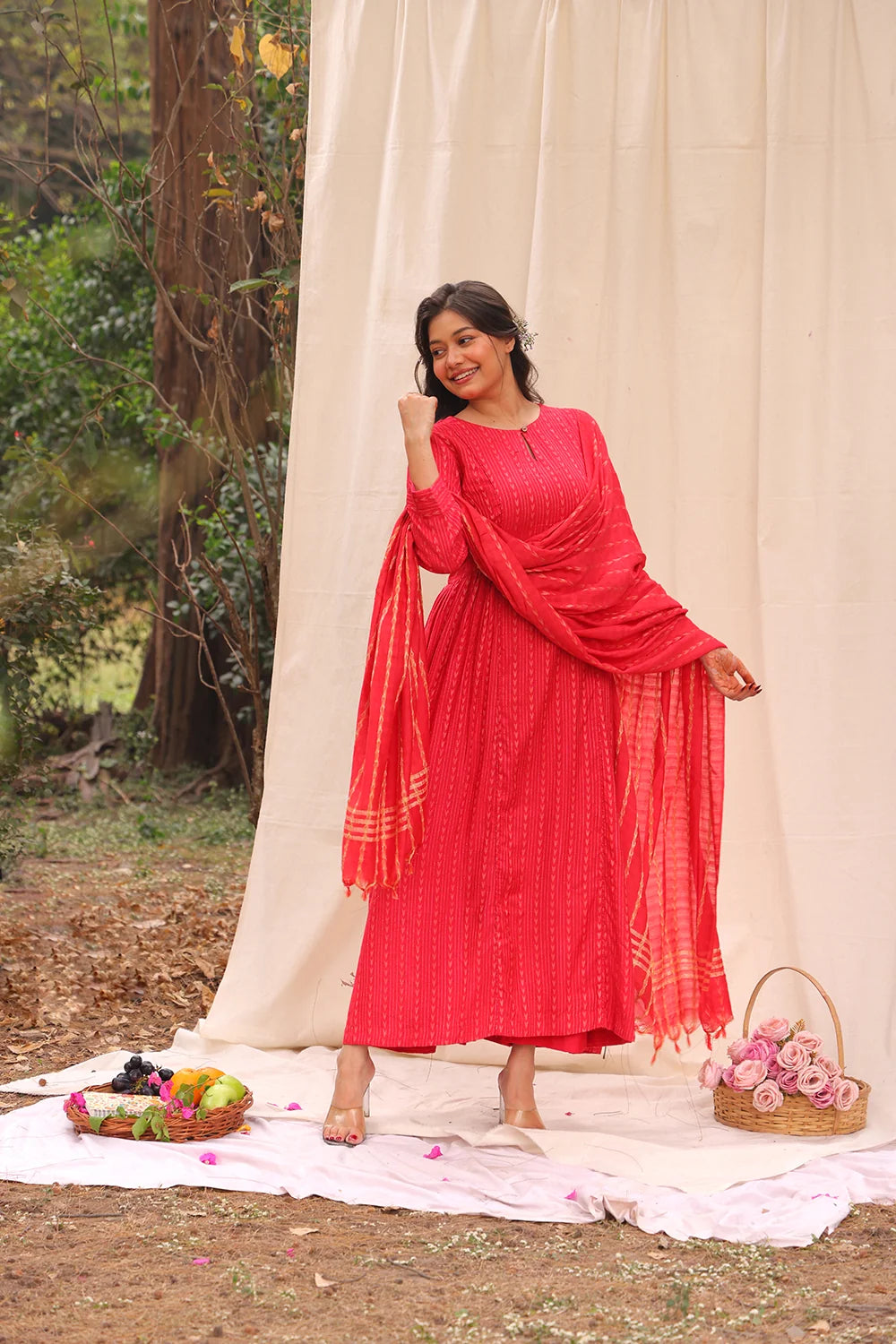 Candy Red Soft Cotton Silk Woven Kurta Set With Dupatta-Sutra Art of Clothing