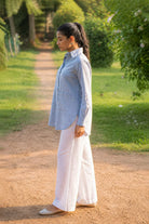 Close Up of Zig Zag Stripe Pattern on Blue and White Pure Cotton Shirt
