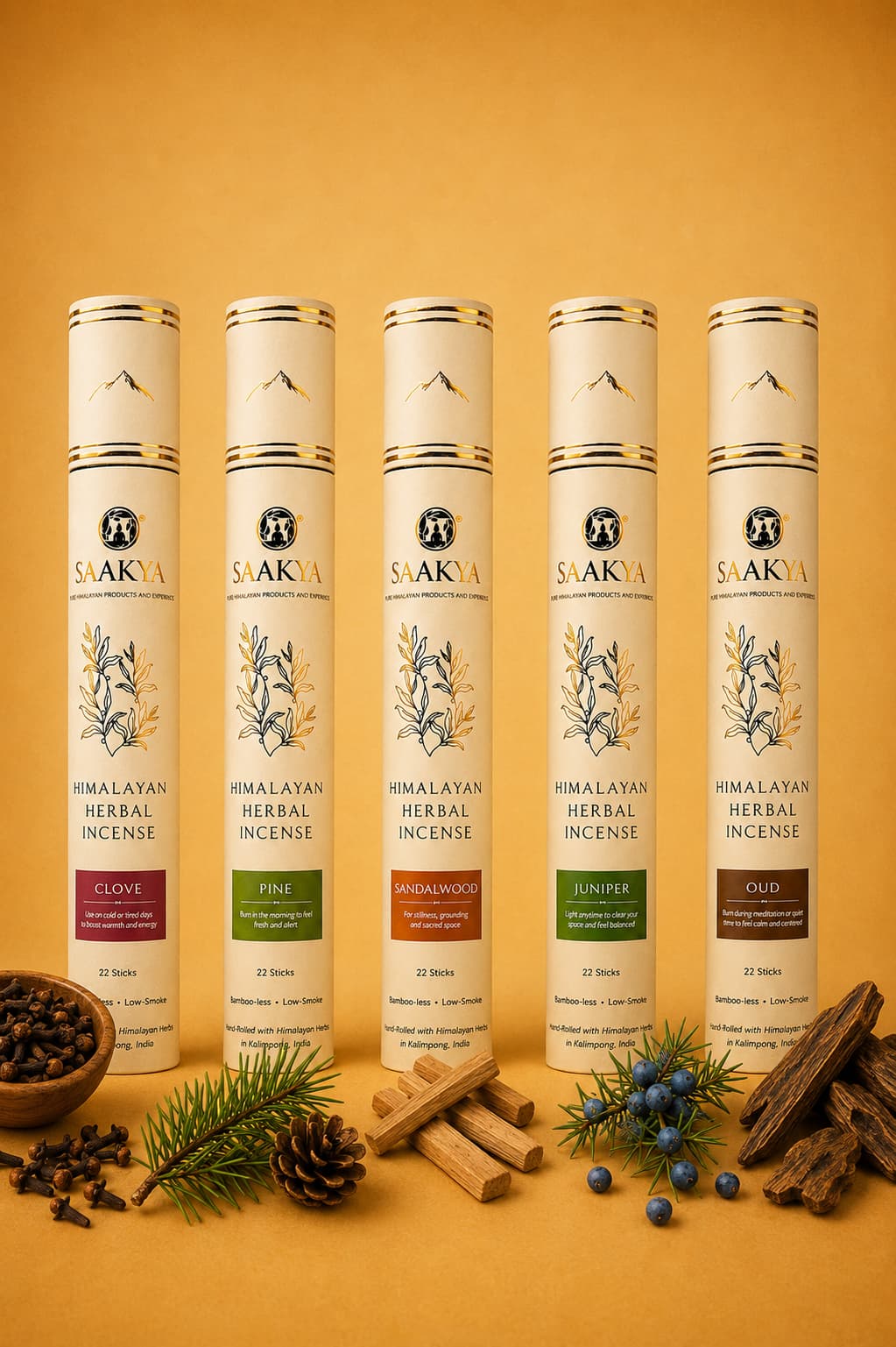 Saakya Himalayan Incense Collection featuring Oud, Juniper, Sandalwood, Pine and Clove handcrafted with natural Himalayan botanicals.