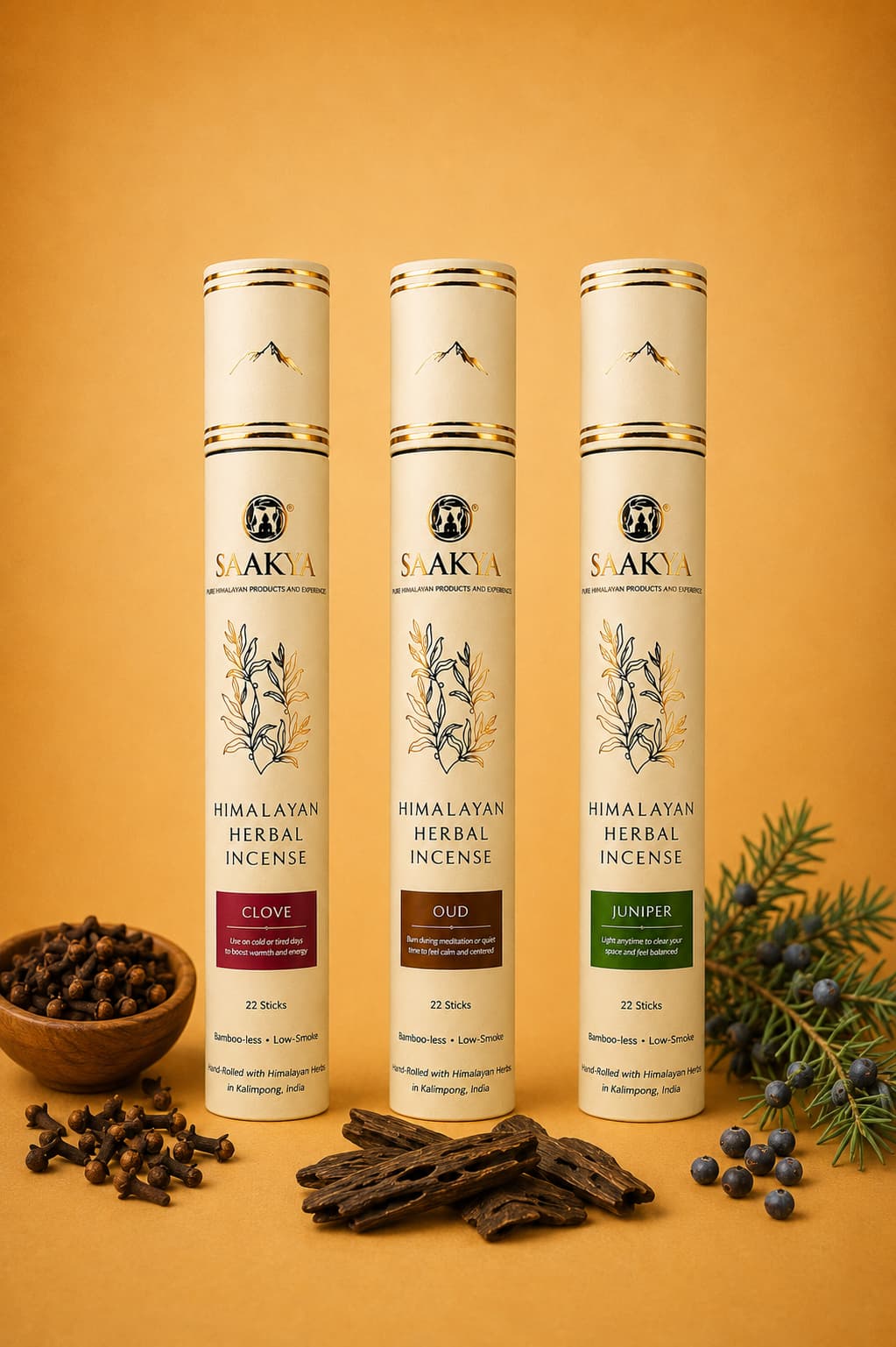 Saakya Himalayan Incense Collection featuring Oud, Juniper and Clove handcrafted with natural Himalayan botanicals.
