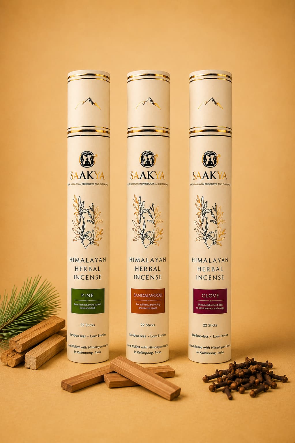 Saakya Himalayan Incense Collection featuring Clove, Pine and Sandalwood handcrafted with natural Himalayan botanicals.