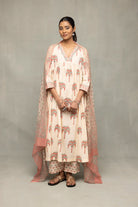 Cream and Pink Hand Block Palm Printed Kurta Set with Dupatta